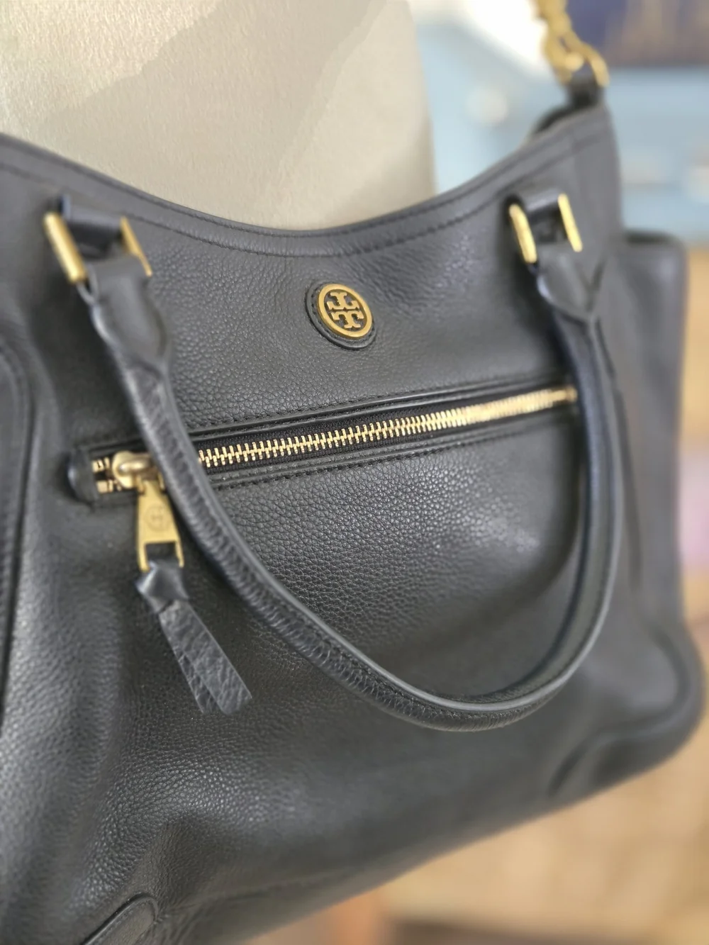 Tory Burch Black Pebbled Leather Shoulder Bag with Gold Hardware